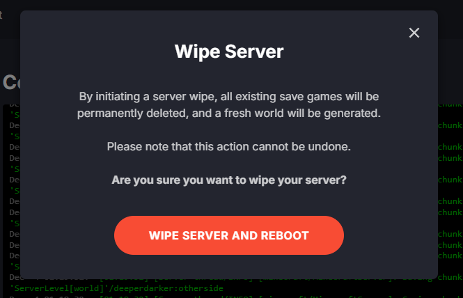 DatHost wipe server option to reset world while keeping server configuration intact