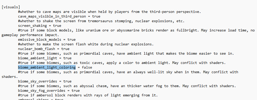 Alex's Caves config file showing biome_ambient_light_coloring setting to change