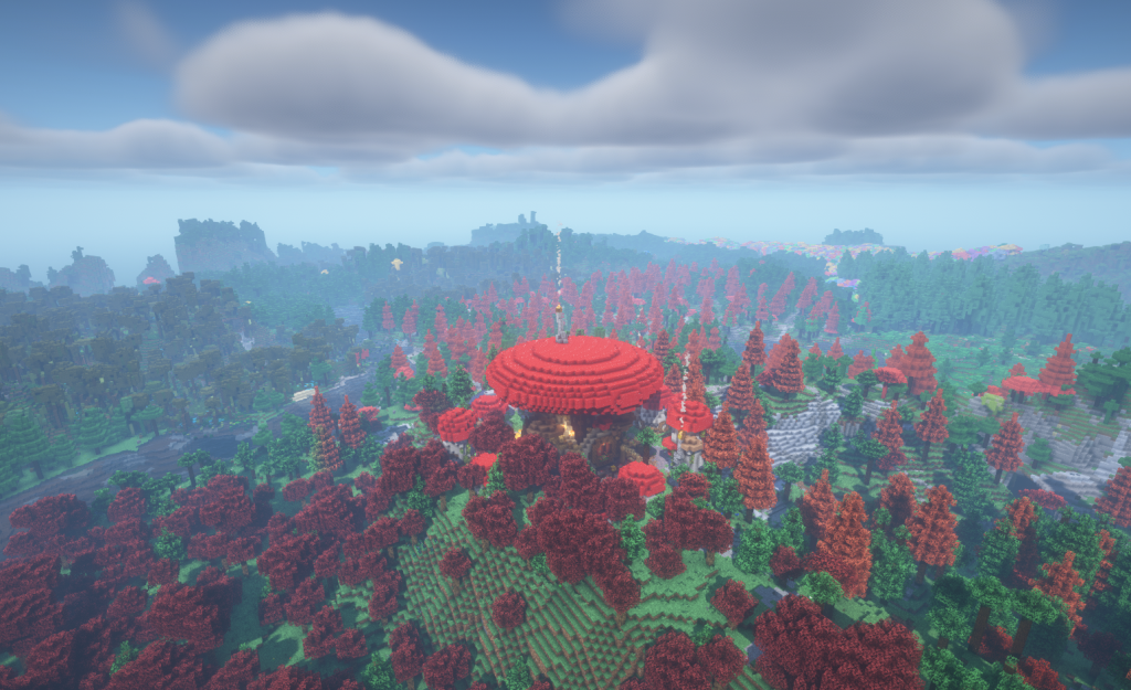 All the Mods 9 running with Distant Horizons and BSL 8.2.09 shaders showing extended view distance