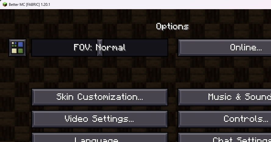 Minecraft options menu showing Distant Horizons button in upper left corner
