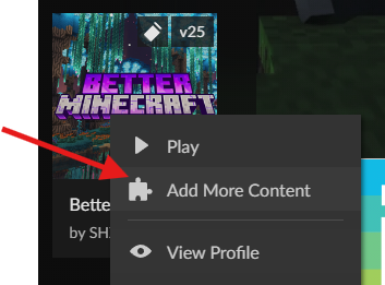 CurseForge right-click menu showing Add More Content option