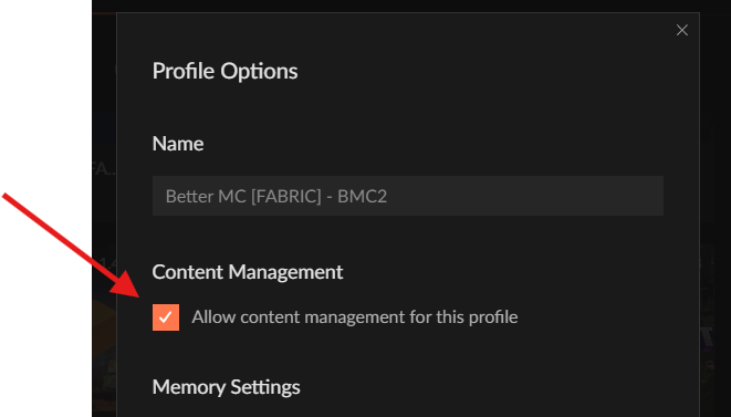 CurseForge Profile Options showing Allow content management checkbox