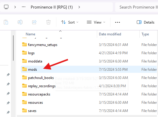 Windows Explorer showing modpack mods folder location