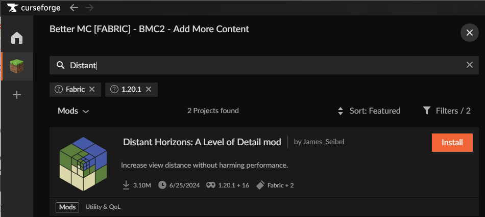 CurseForge content browser showing Distant Horizons mod with Install button