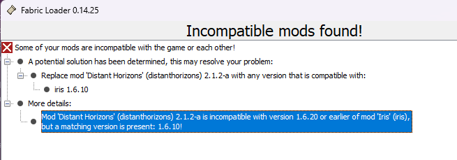 Minecraft error screen showing incompatible mod versions with Distant Horizons
