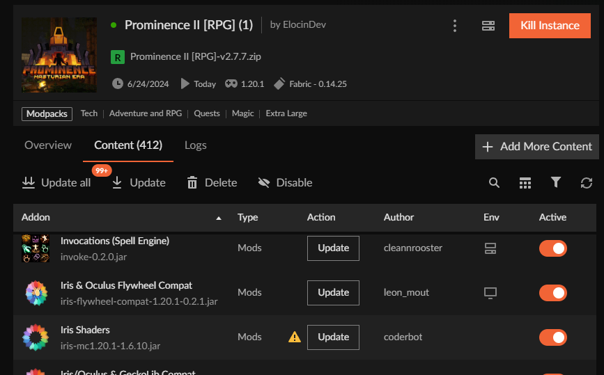 Mod update screen showing Iris shader mod update interface