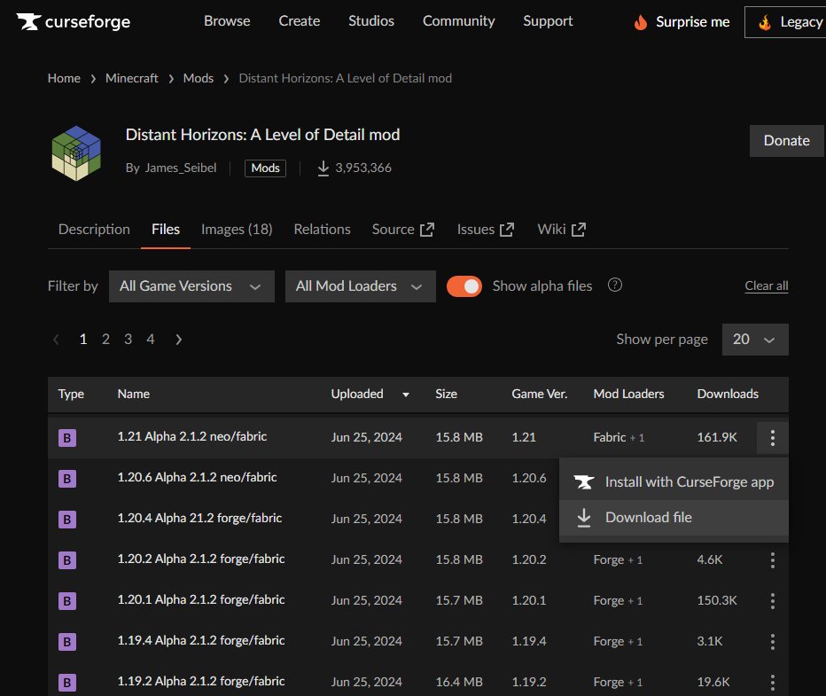 CurseForge download page showing three-dot menu and Download file option