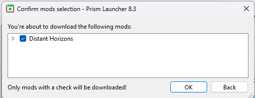 Prism Launcher confirmation dialog for Distant Horizons installation
