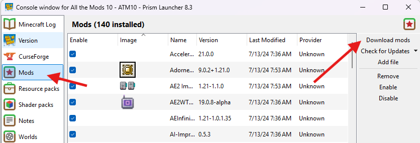 Prism Launcher mods tab with Download Mod button interface