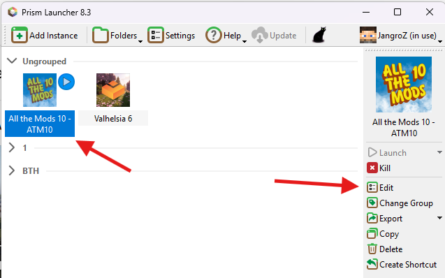 Prism Launcher showing All The Mods 10 instance with Edit button highlighted