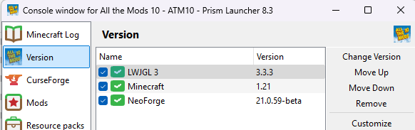 Prism Launcher version tab showing Minecraft 1.21 and NeoForge modloader details