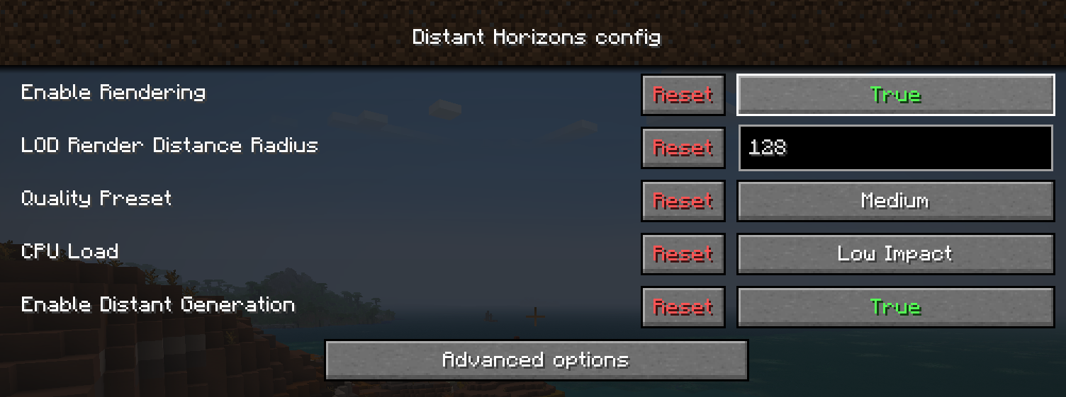 Distant Horizons settings menu showing performance optimization options
