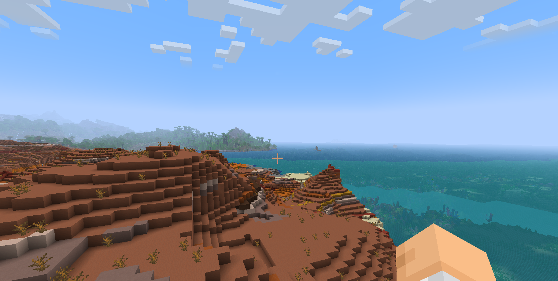 Minecraft world with Distant Horizons fully loaded showing distant terrain