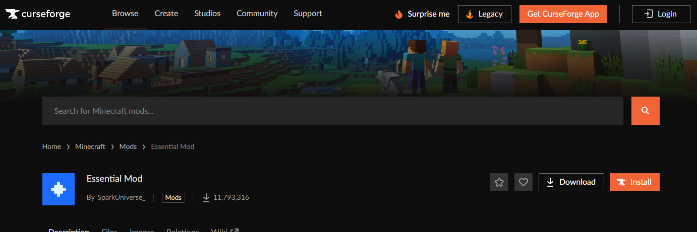 Essential mod on CurseForge with install button