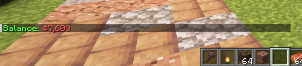 EssentialsX player balance showing $7609 after selling items