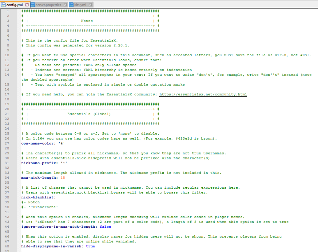 EssentialsX configuration file structure and settings overview