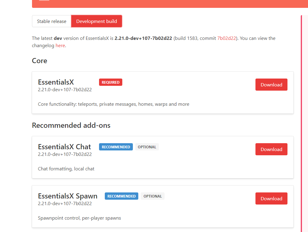EssentialsX development build download page for Minecraft 1.21 support