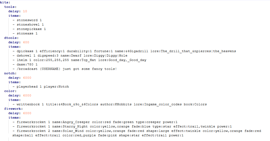 EssentialsX kits.yml configuration file showing tools kit setup