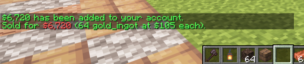 EssentialsX /sell command result showing successful item sale