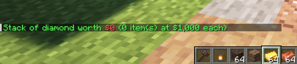 EssentialsX /worth diamond command showing diamond value of $1000