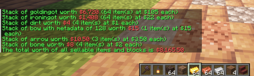 EssentialsX /worth inventory command showing total inventory value
