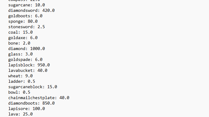 EssentialsX worth.yml file showing item value configuration