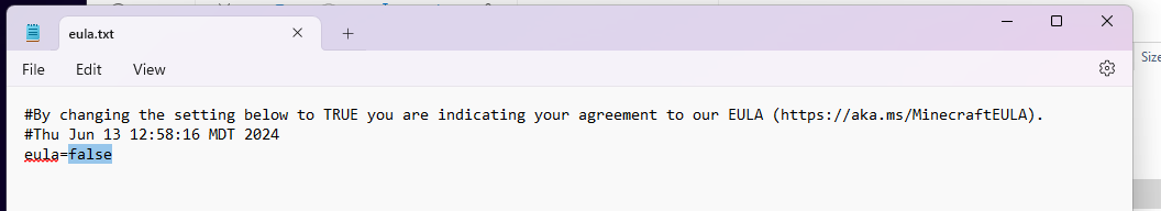 Editing eula.txt file to change false to true