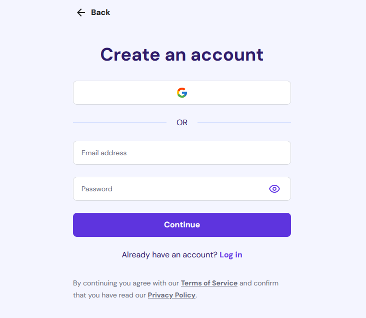 Hostinger account creation form for new users during checkout process