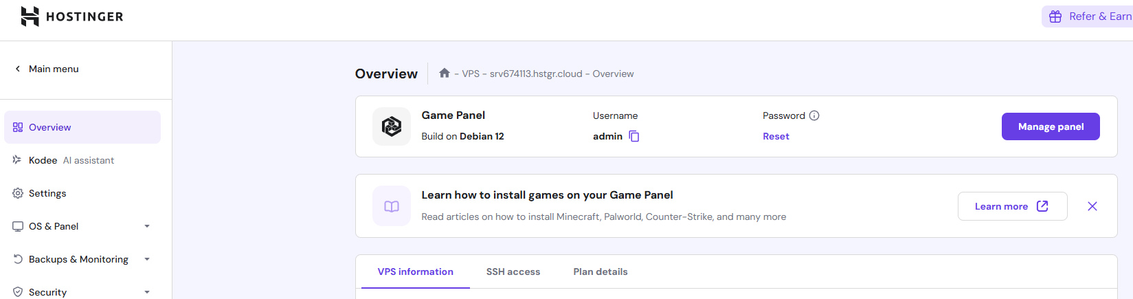 Hostinger account dashboard showing Game Panel VPS with manage panel button