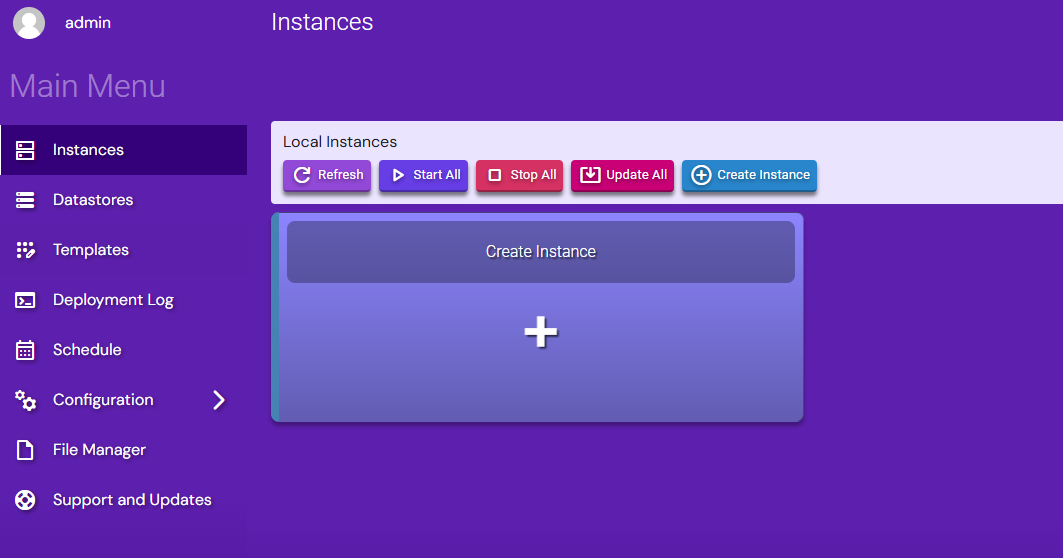 Hostinger AMP control panel main dashboard showing instance management options
