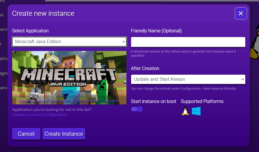 Hostinger create new game instance modal for setting up Minecraft server