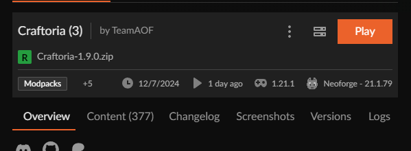 CurseForge modpack page showing required NeoForge version for compatibility