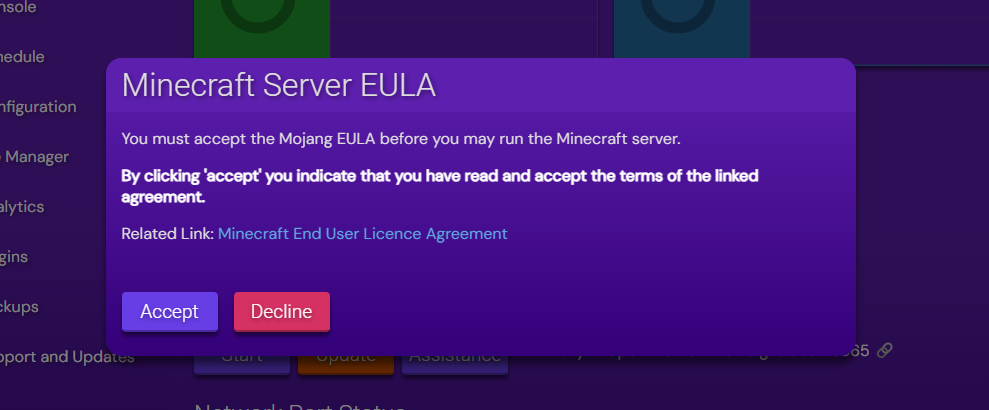 Hostinger EULA acceptance screen for Minecraft server compliance