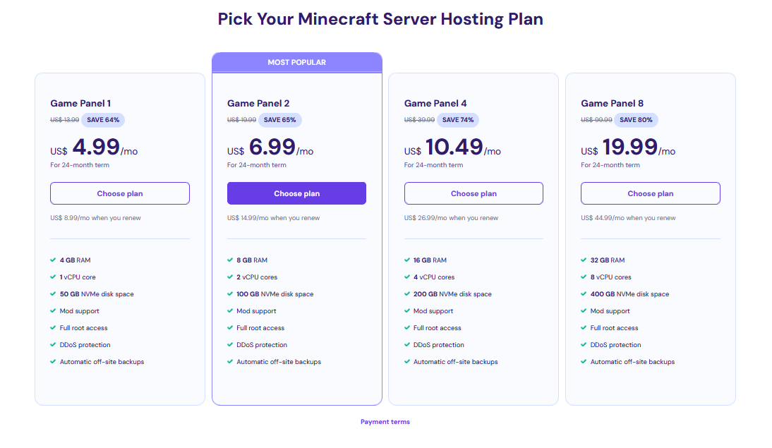 Hostinger game hosting plans showing pricing tiers and features for Minecraft servers