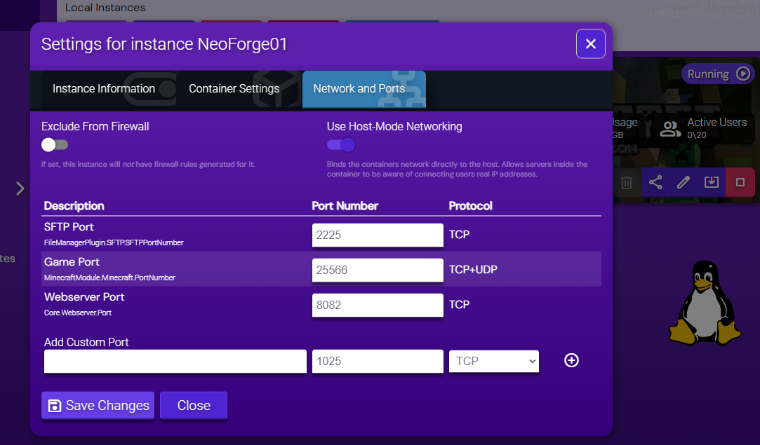 Hostinger instance configuration settings showing port and container options