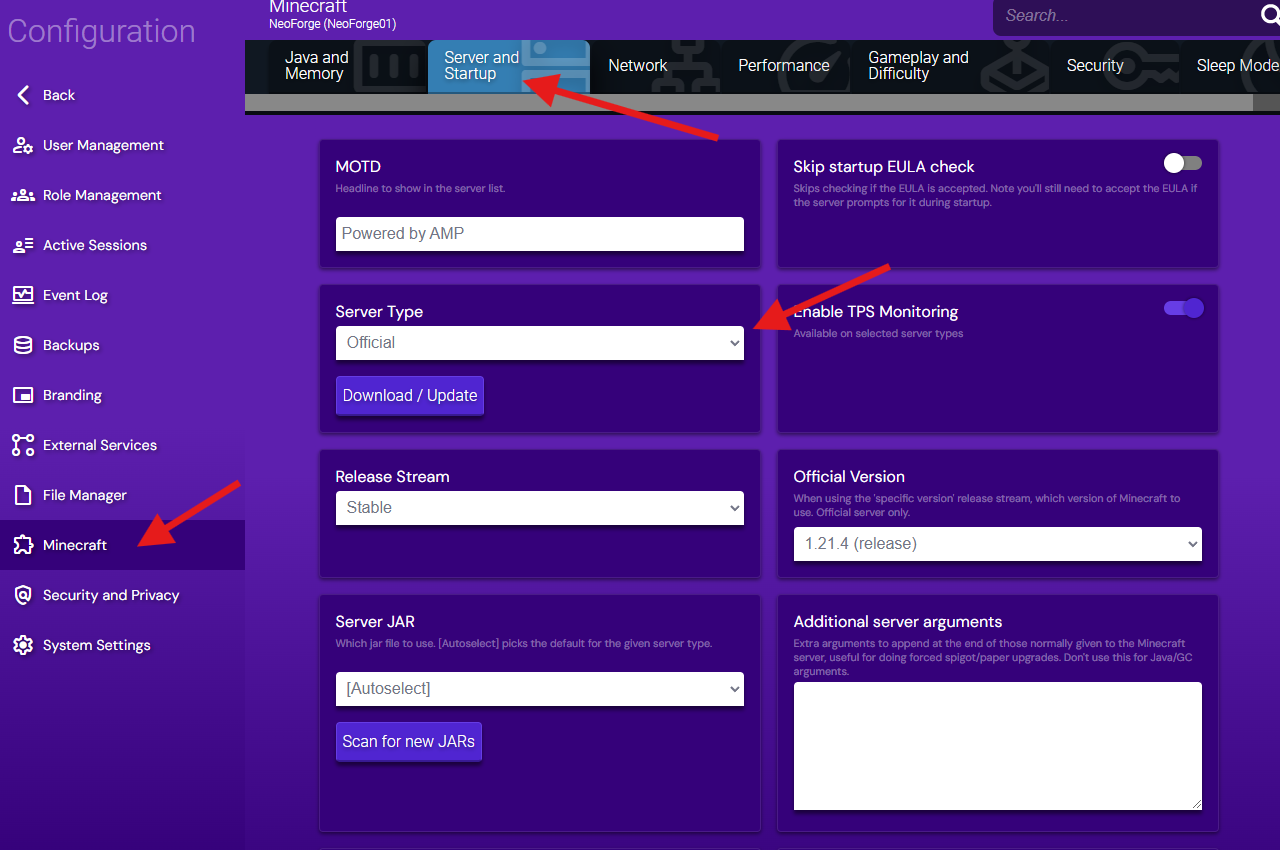 Hostinger Minecraft configuration menu showing server type and version settings