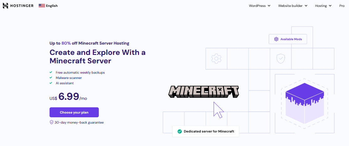 Hostinger Minecraft hosting homepage showing game hosting services and features