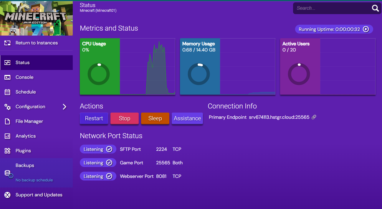 Hostinger Minecraft instance management dashboard with server controls and settings