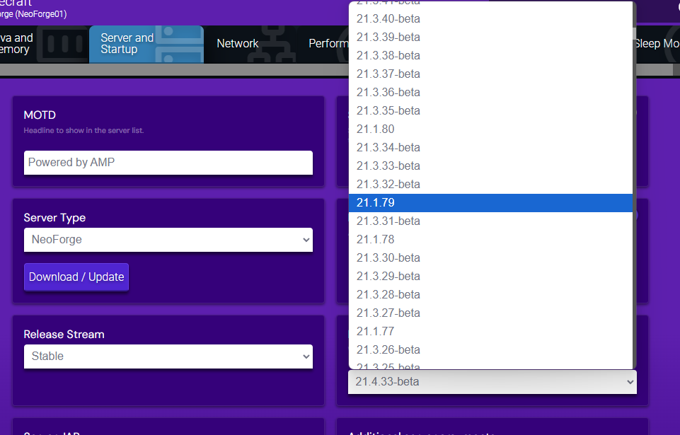 Hostinger NeoForge version selection showing specific version for modpack compatibility