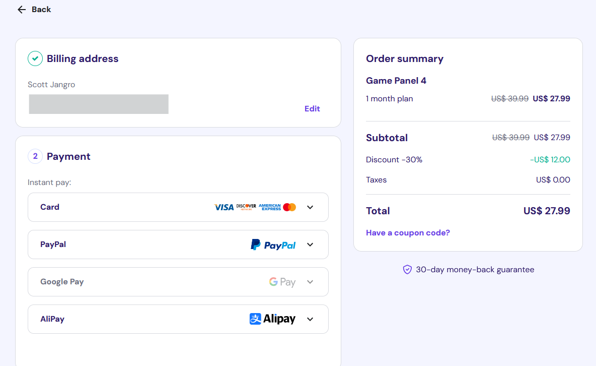 Hostinger payment methods including credit cards, PayPal, Google Pay, and Alipay