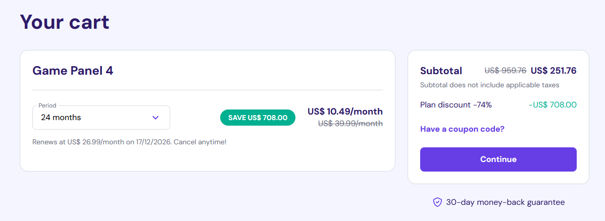 Hostinger plan selection showing Game Panel 4 with 16GB RAM selected for checkout