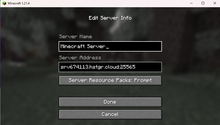 Hostinger server connection information showing IP address and port for Minecraft client