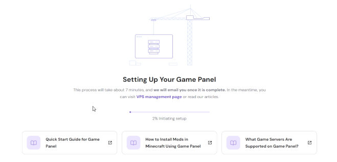 Hostinger server provisioning progress screen showing VPS setup completion