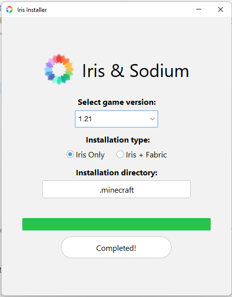 Iris Installer window showing installation options for Minecraft