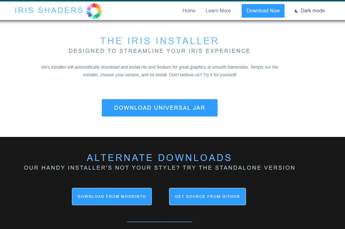 Iris Shaders official download page showing installer options for Minecraft 1.21