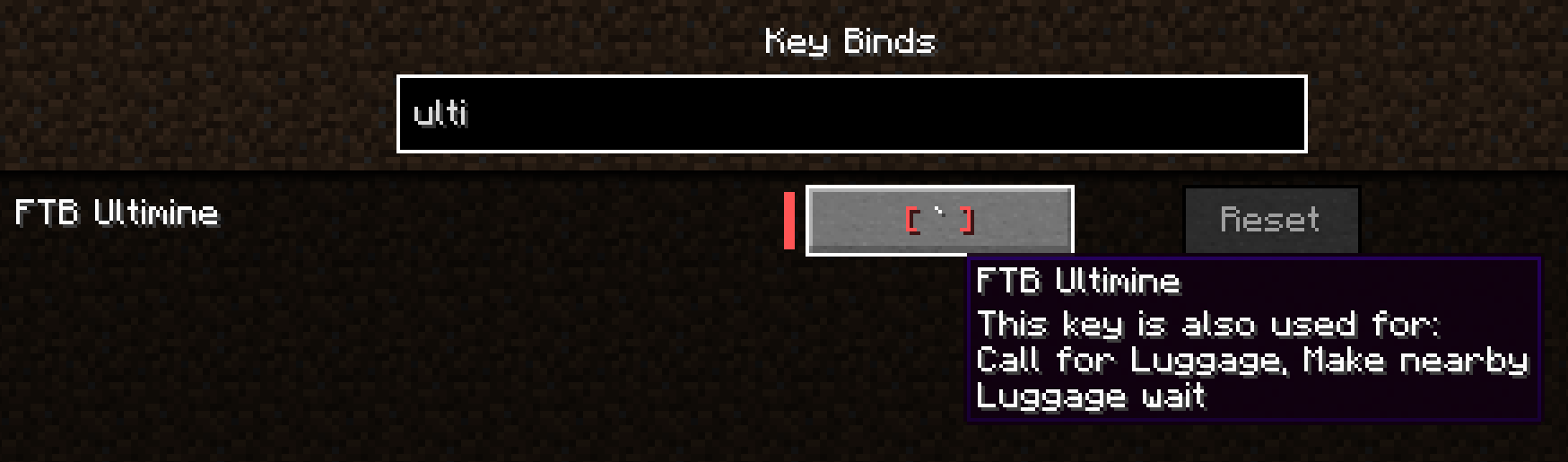 Key binds menu showing Ultimine and Luggage conflict
