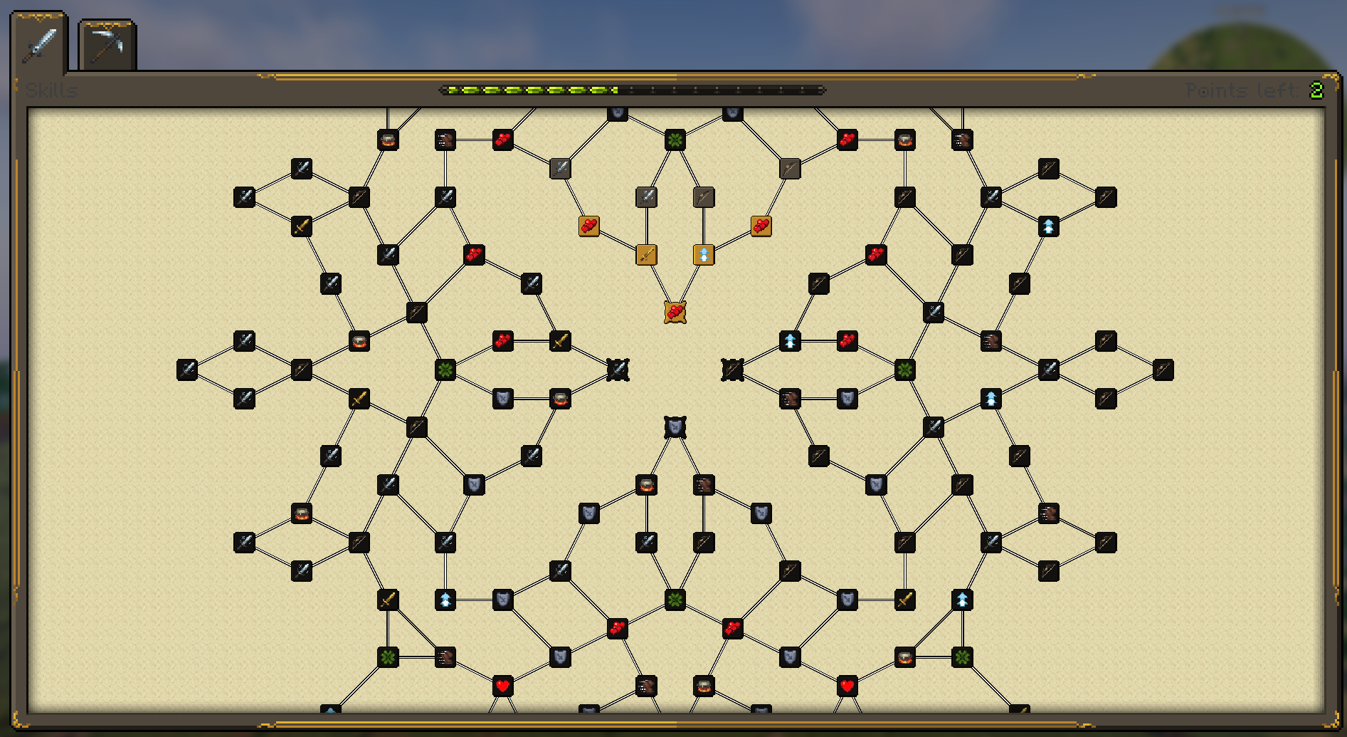 Medieval Minecraft MMC3 Pufferfish Skills progression showing four paths: healing, combat, archery, and movement