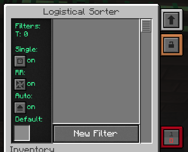 Mekanism Logistical Sorter configuration GUI showing single mode, round robin, and auto settings