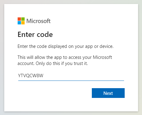 Microsoft device code entry page for authentication