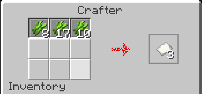 Minecraft crafter configured for crafting paper with three sugar cane slots